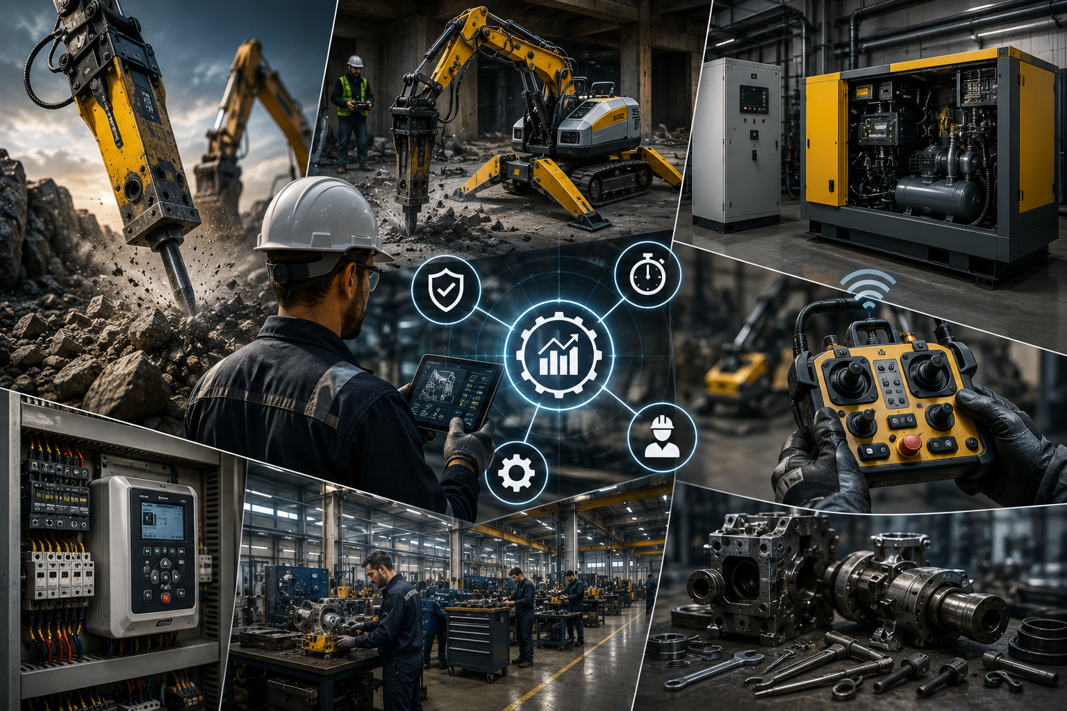 Rompedor hidráulico, robô de construção, compressor, sistema de controle e oficina industrial